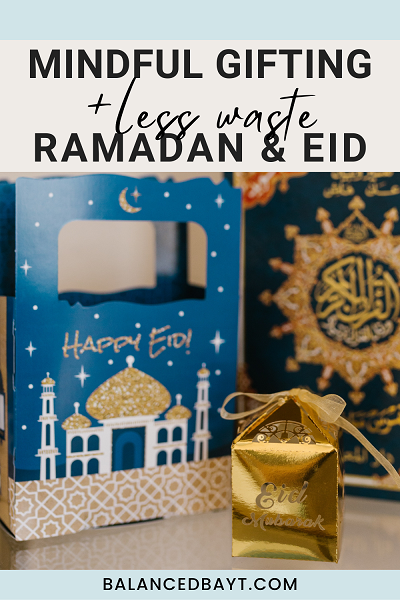 mindful gifting ramadan eid blue gift bag and gold gift box with eid mubarak written