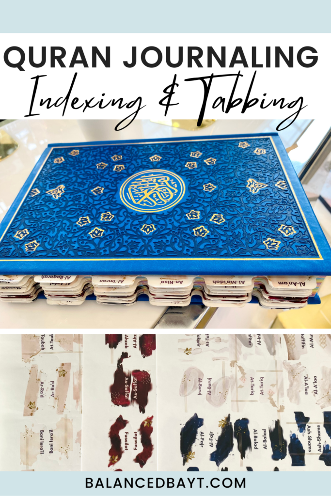 quran journaling indexing and tabbing for beginners - blue book quran with tabs on side and picture of stickers