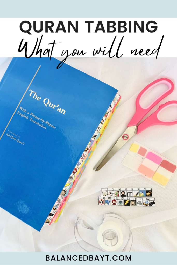 quran journaling indexing and tabbing for beginners - blue book quran, pink scissors, sticky tabs, tape, cut out images
