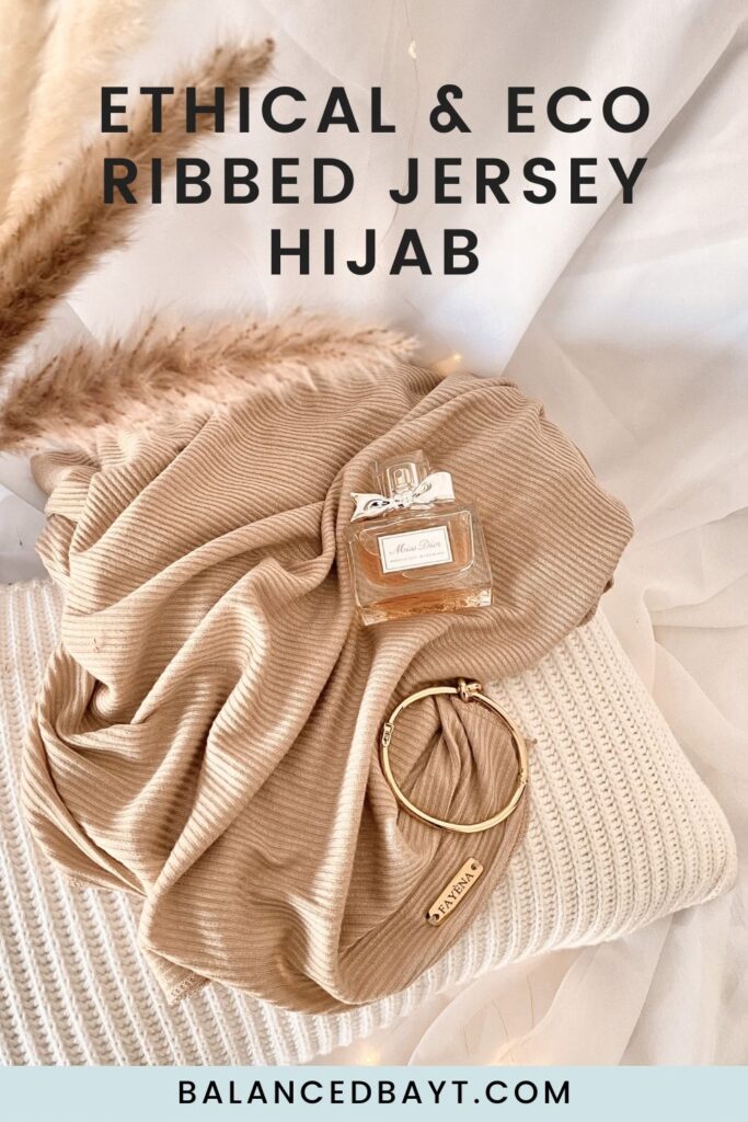 conscious consumer muslim, image of ribbed jersey hijab with perfume and bangle