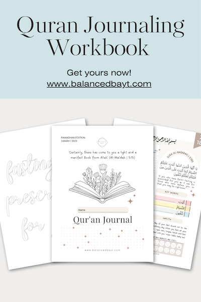 Text reads: Quran Journaling Workbook. Image shows 3 pages of workbook