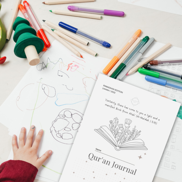 image shows child hand with coloured pens and worksheets, Quran Journal worksheet
