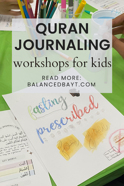 Text reads: Quran Journaling workshops for kids. Image shows coloured in worksheet