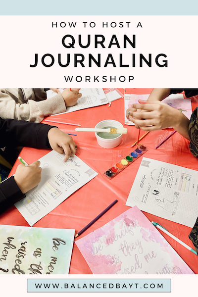 Text reads: Quran Journaling workshop. Image shows hands painting worksheets
